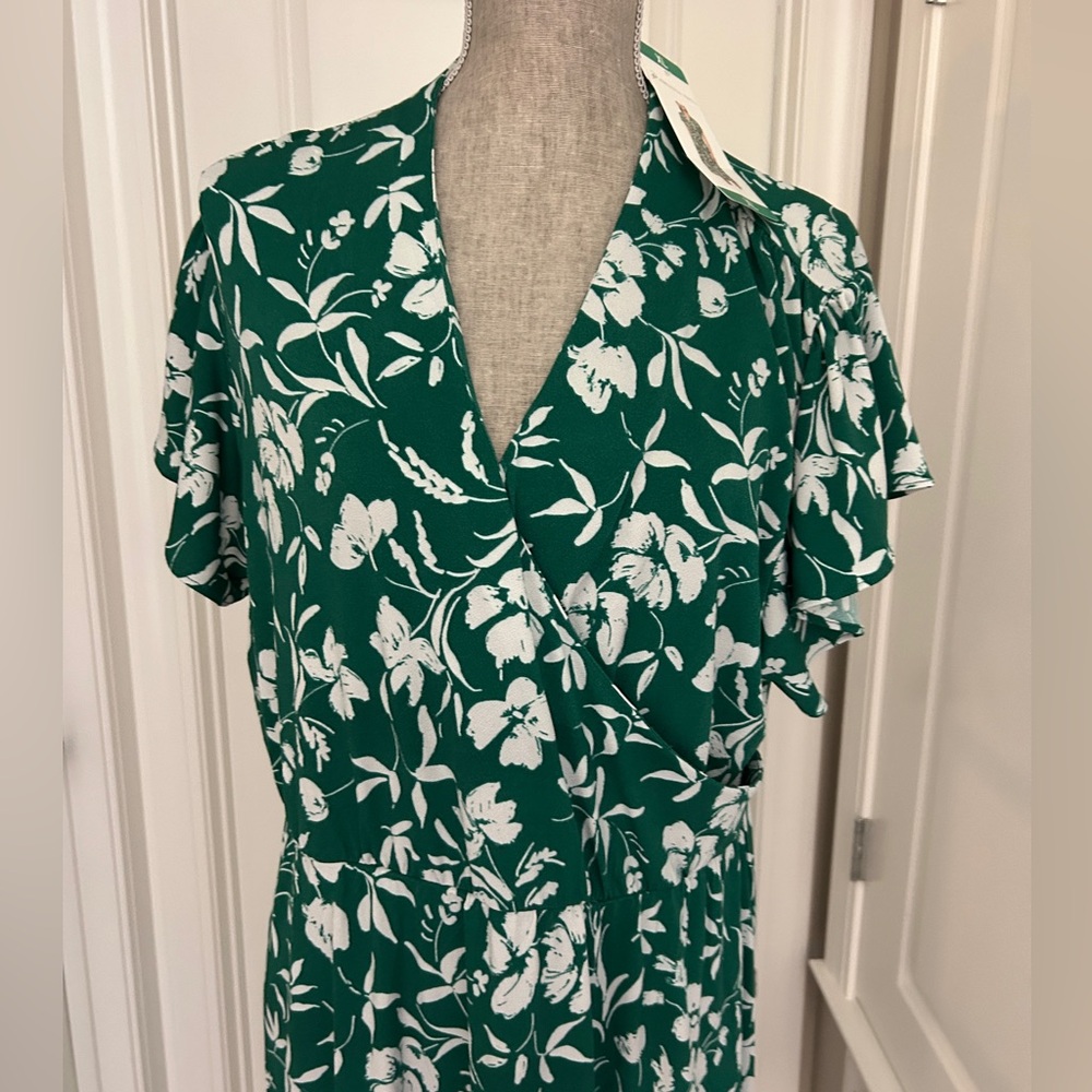 NWT! Adrianna Papell Women's Flutter Sleeve Floral Green&White Midi Dress Sz XL - Picture 7 of 13